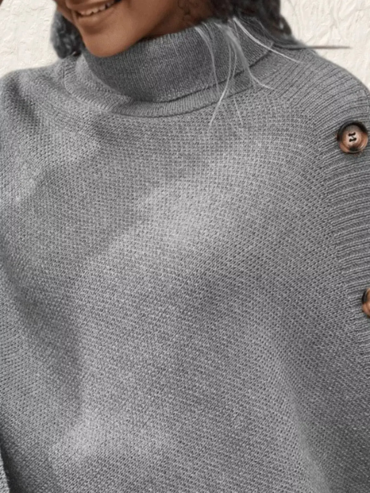 Button Turtleneck Poncho Pullover gray knit with brown shoulder button