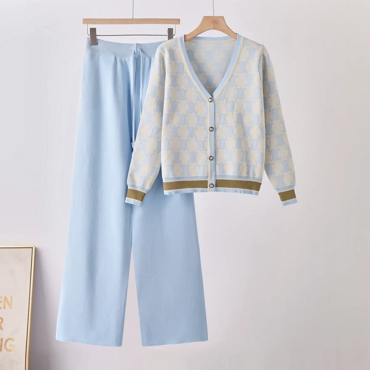Chic women two-piece knit set: light blue check cardigan with buttons and matching wide-leg pants