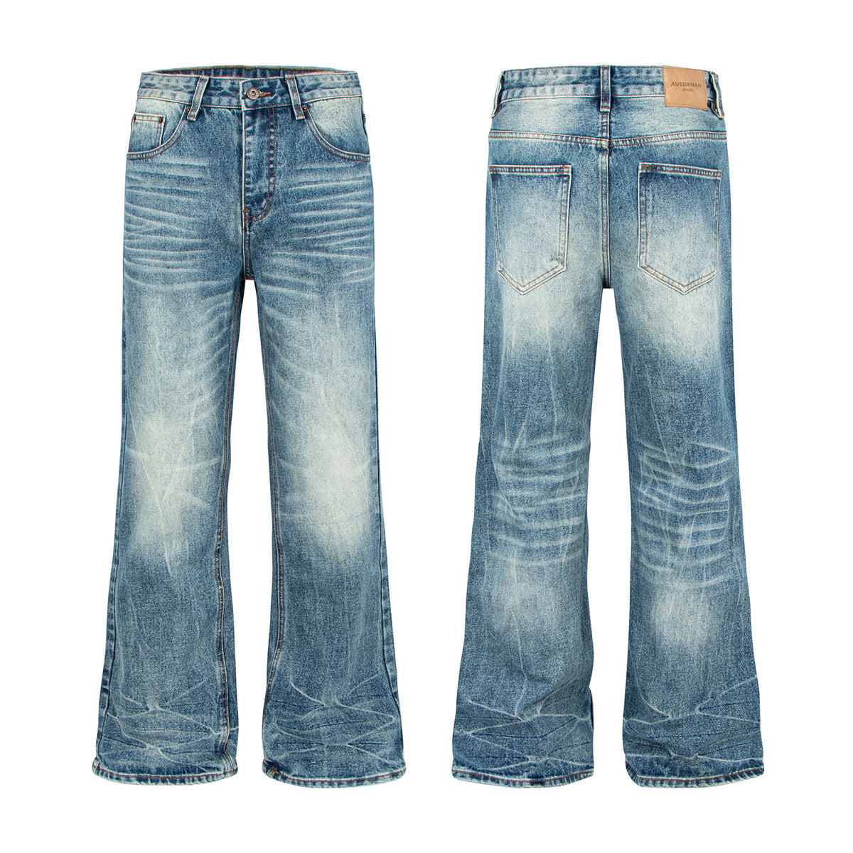 Retro Distressed Cat-Whisker Flared Jeans by eprolo — front & back views, light-wash denim with whisker fades.