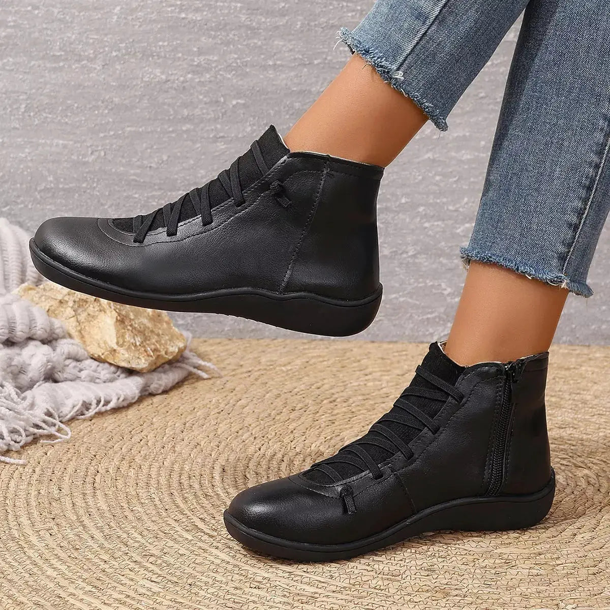 Pair of Lace-Up faux leather ankle boots, black, by Trendsi