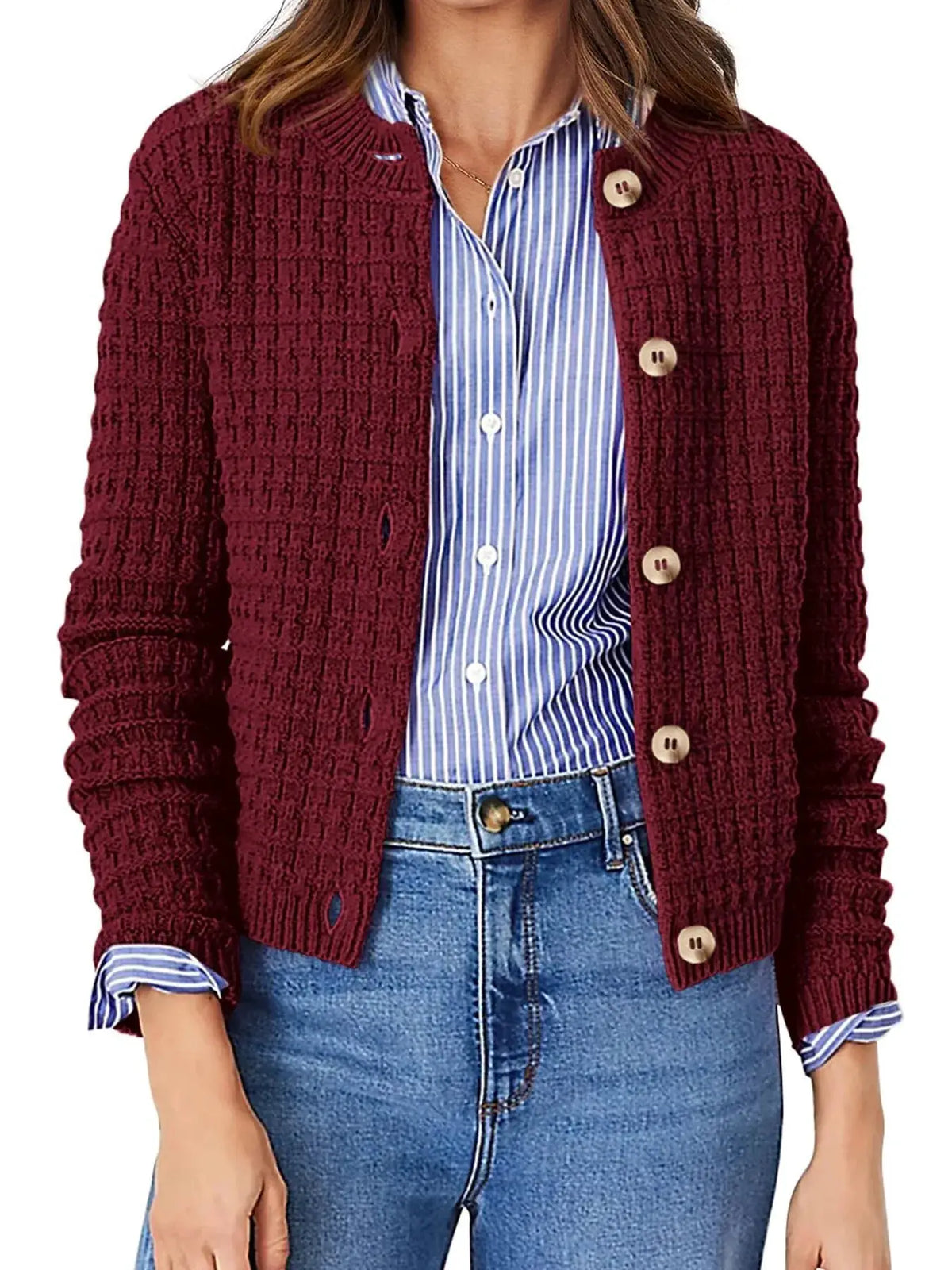 Textured stretchy knit cardigan, burgundy button-front outerwear by Trendsi