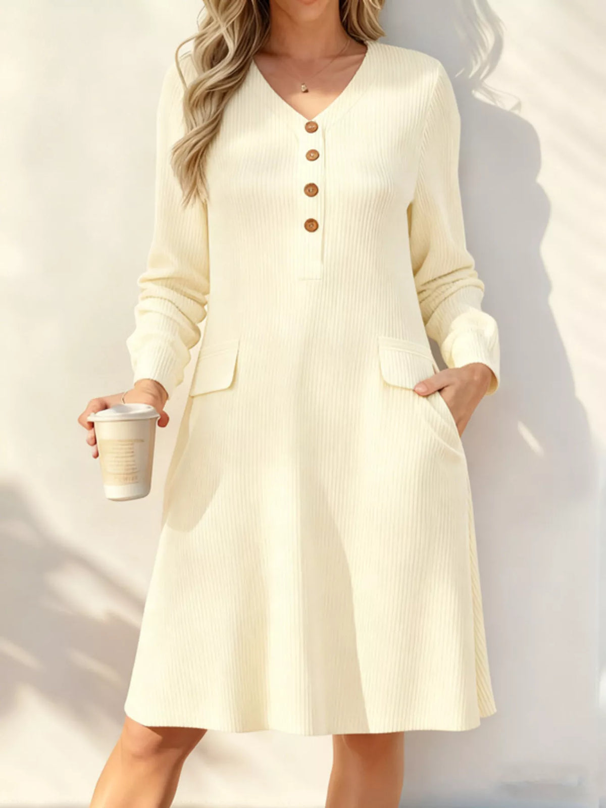 Full Size ribbed knit V-neck dress, plus size, cream color with brown buttons and pockets