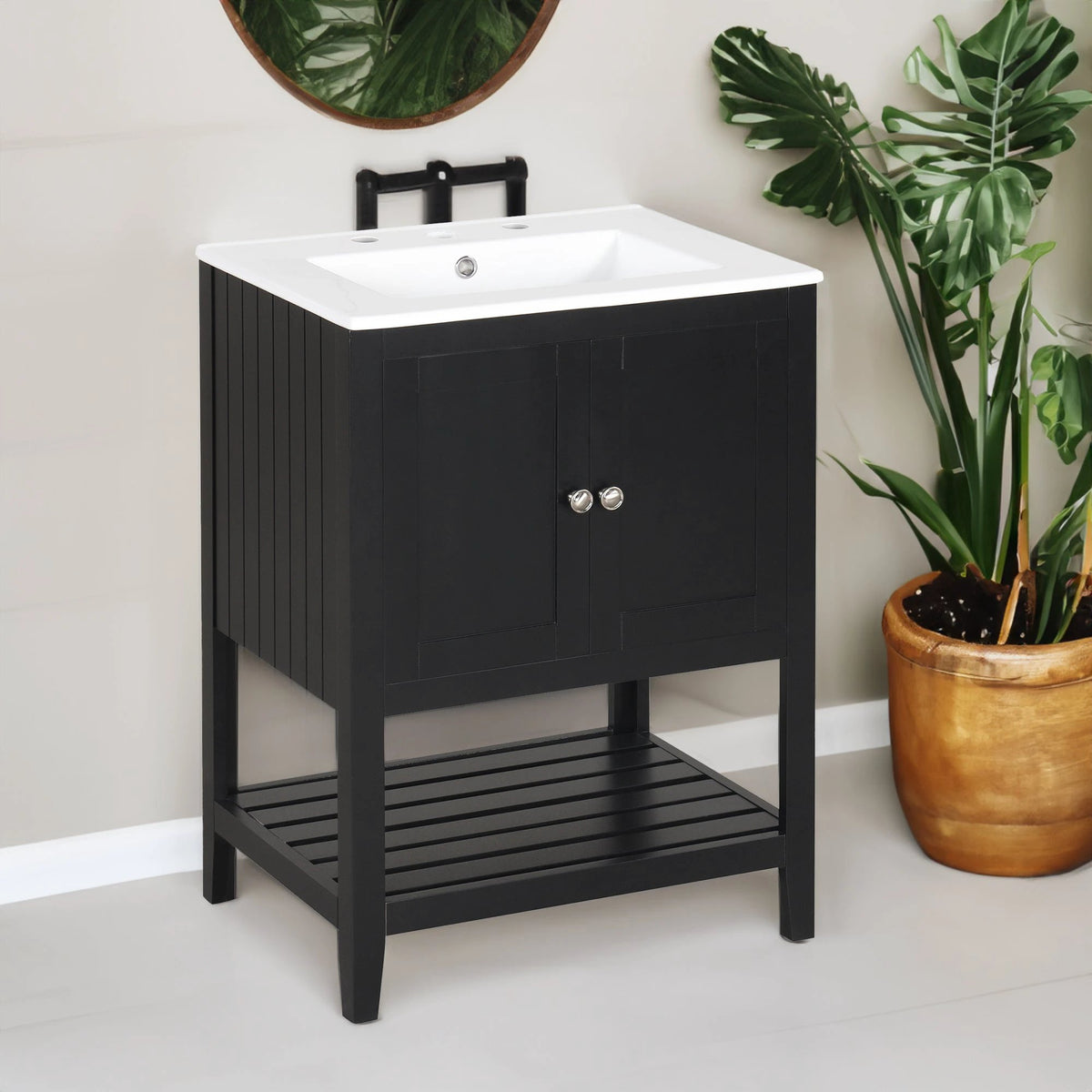 24" Black Modern Sleek Bathroom Vanity Elegant Ceramic Sink with Solid Wood Frame Open Style Shelf by eprolo