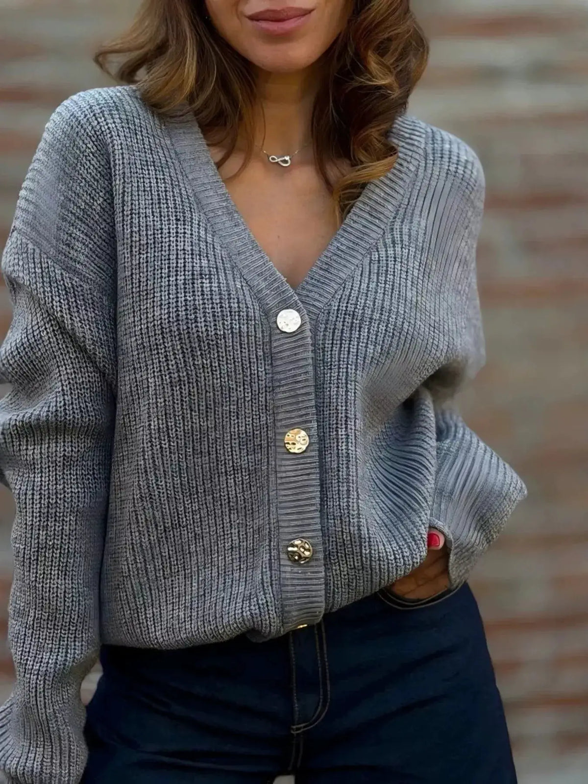 Plus Size V-Neck Button-Up Knit Cardigan in grey, ribbed knit with slight stretch and gold buttons
