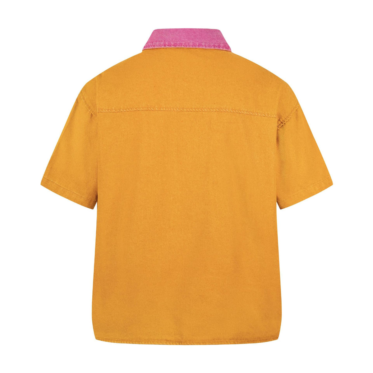 Dopamine cartoon patch embroidered short-sleeve shirt; mustard yellow with pink collar