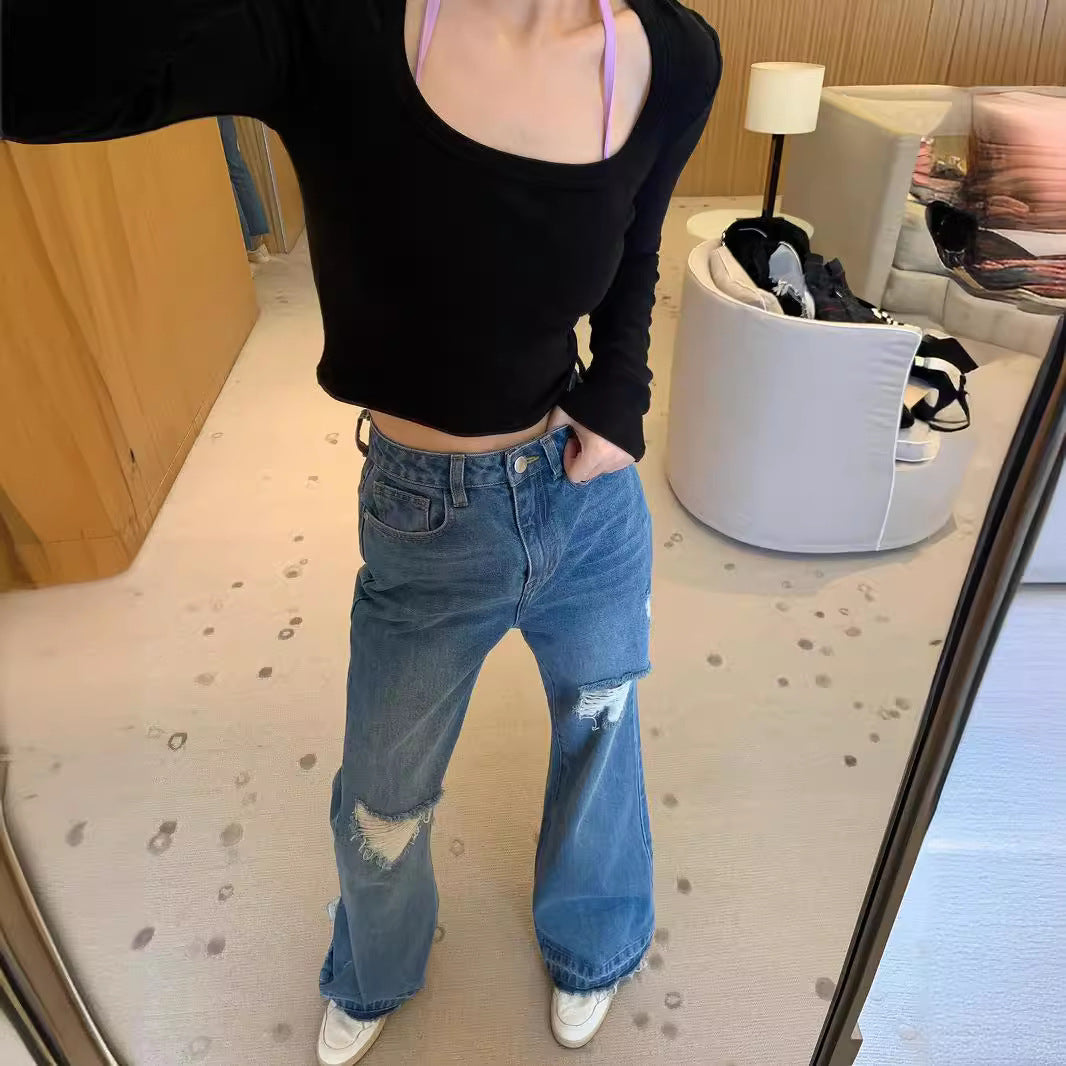 Layered ripped wide-leg jeans for women in blue denim, high-waisted with distressed knees, by eprolo