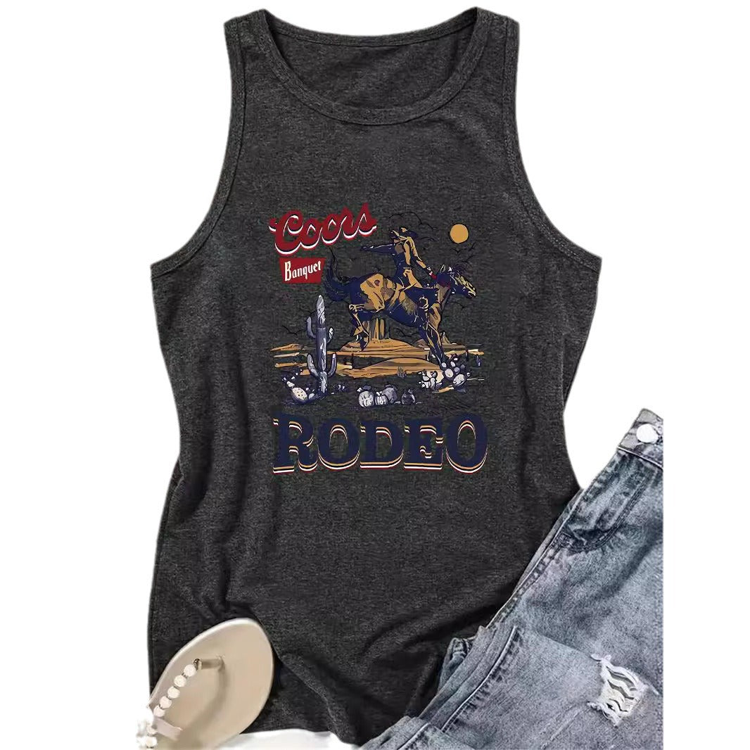 Western denim sleeveless top in dark gray with cowboy rodeo scene graphic and bold RODEO lettering on front