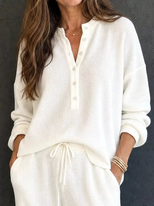 Waffle-knit Henley top and wide-leg pants set in white with button placket and drawstring waist
