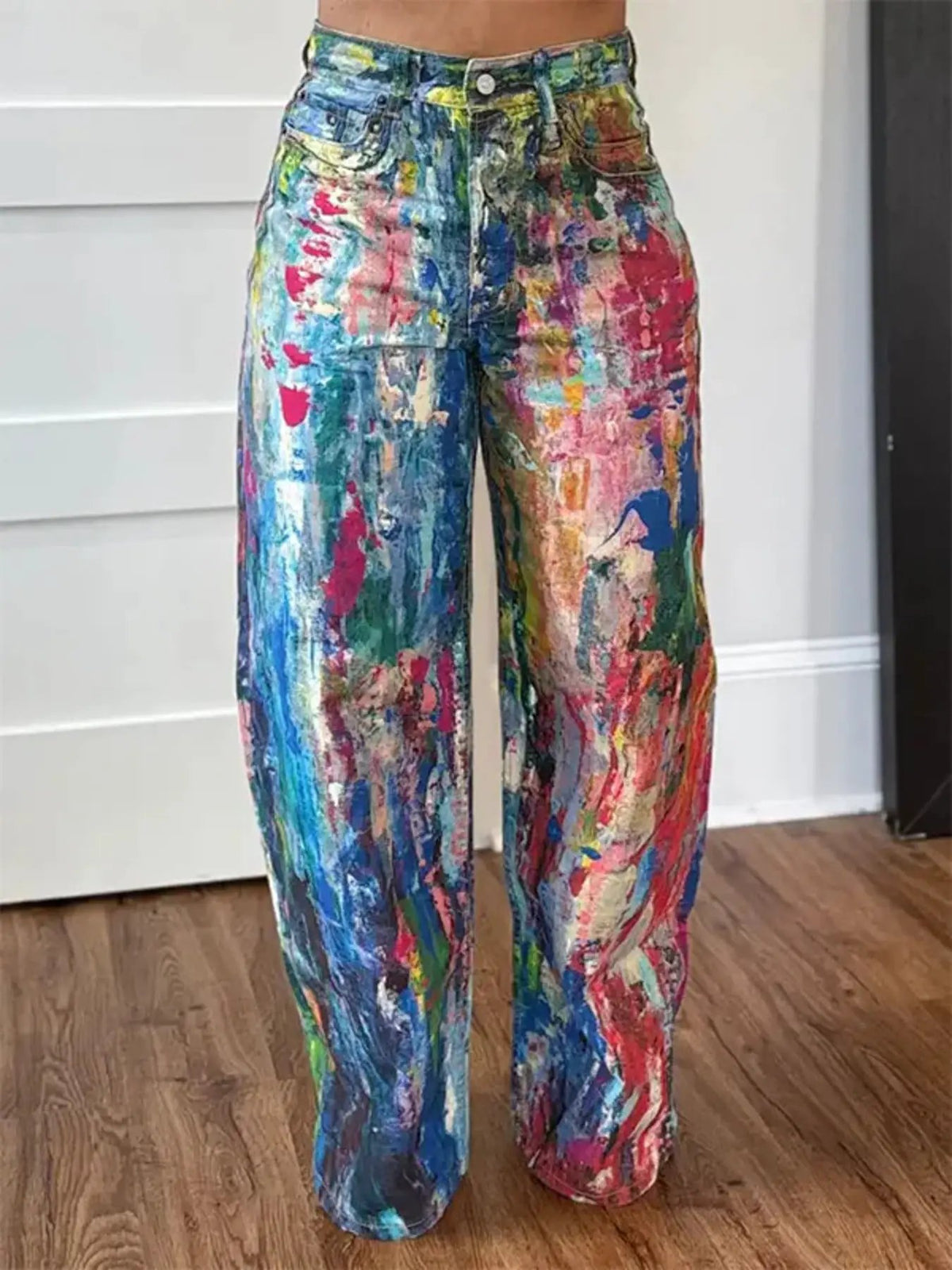 Painted wide-leg pants with a multicolor paint-splatter print by Trendsi