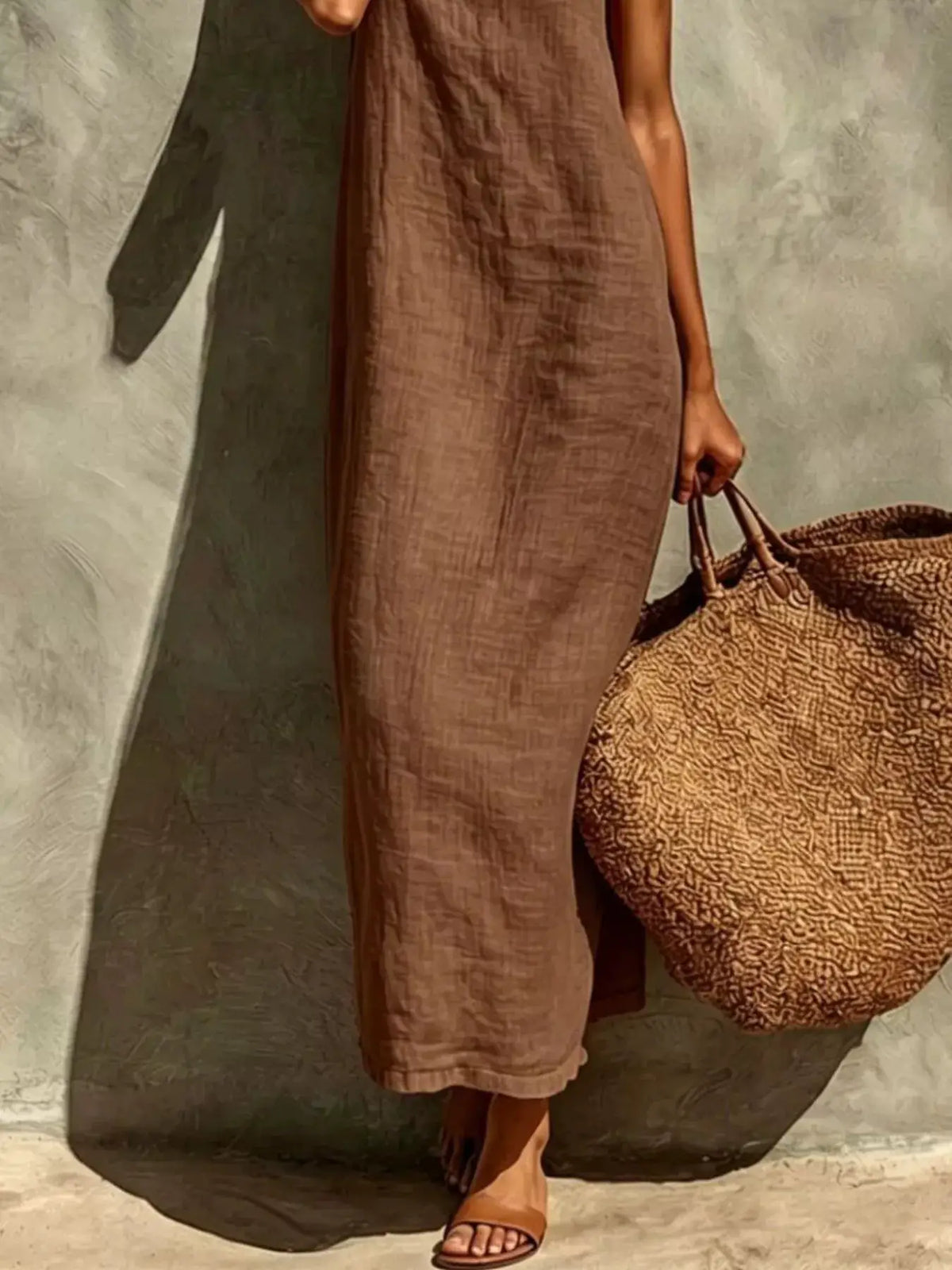 Sleeveless linen casual maxi dress in brown, flowy