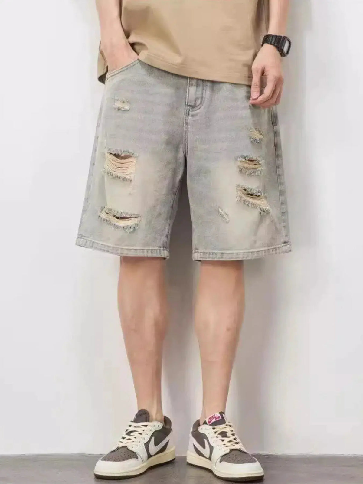 Men's distressed denim shorts, light wash, plus-size, relaxed cotton fit, Trendsi
