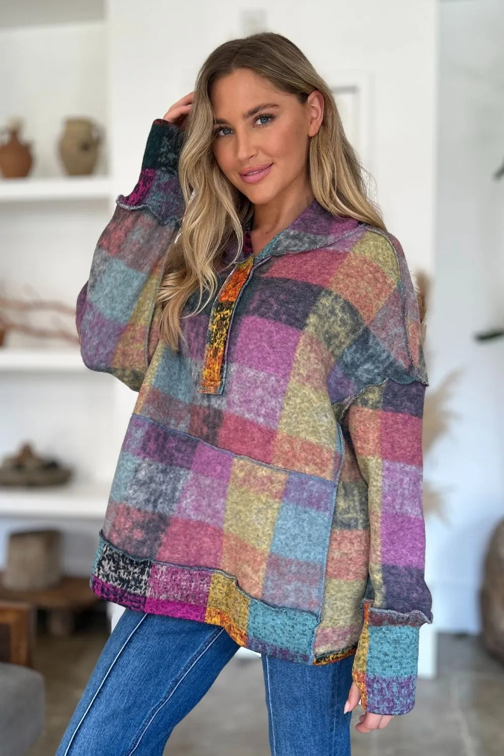 Trendsi Double Take plaid fleece hoodie, oversized dropped-shoulder pullover with zip-front, multicolor plaid, plus size