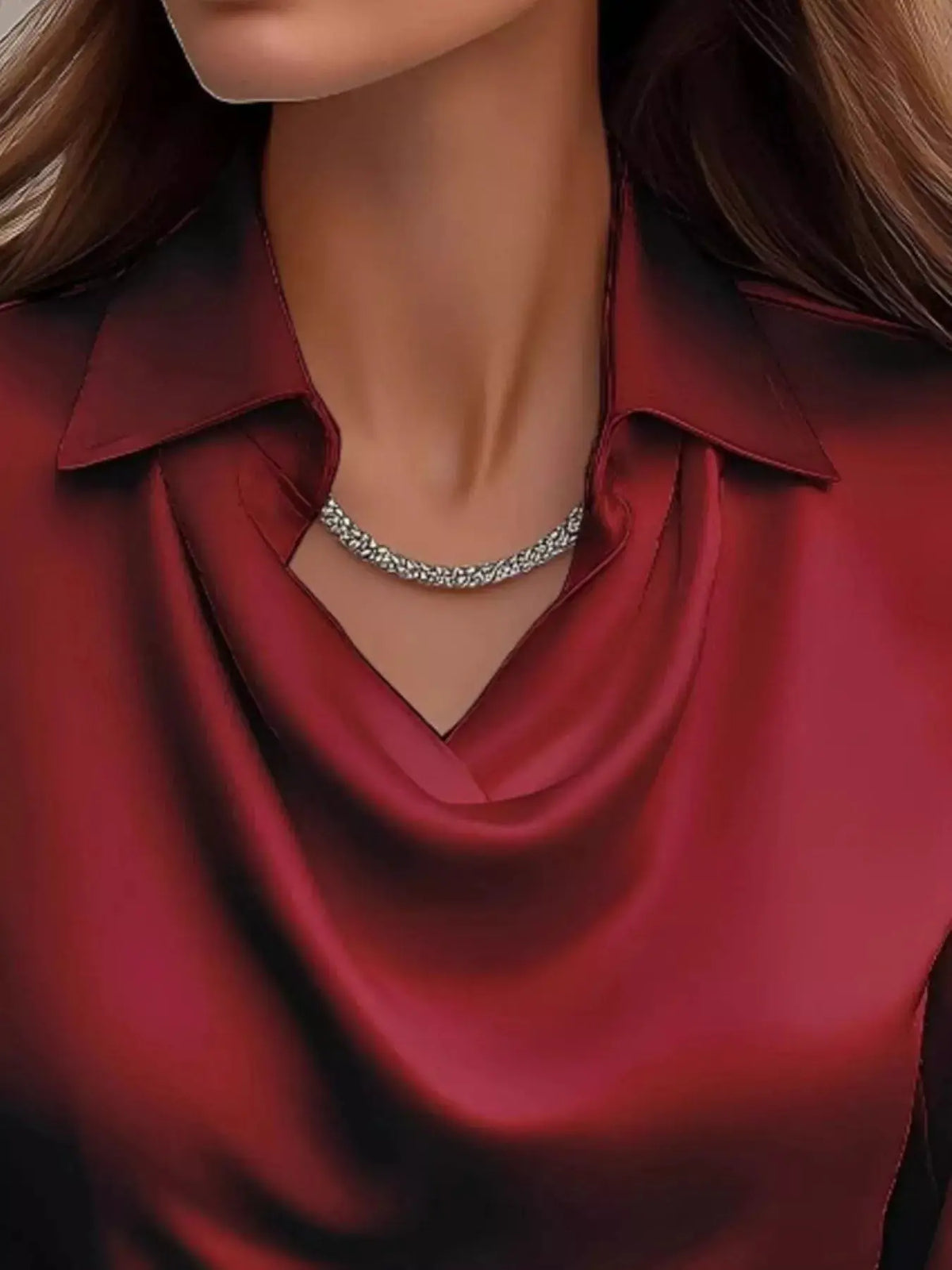 Plus-size red satin cowl-neck blouse with long sleeves.