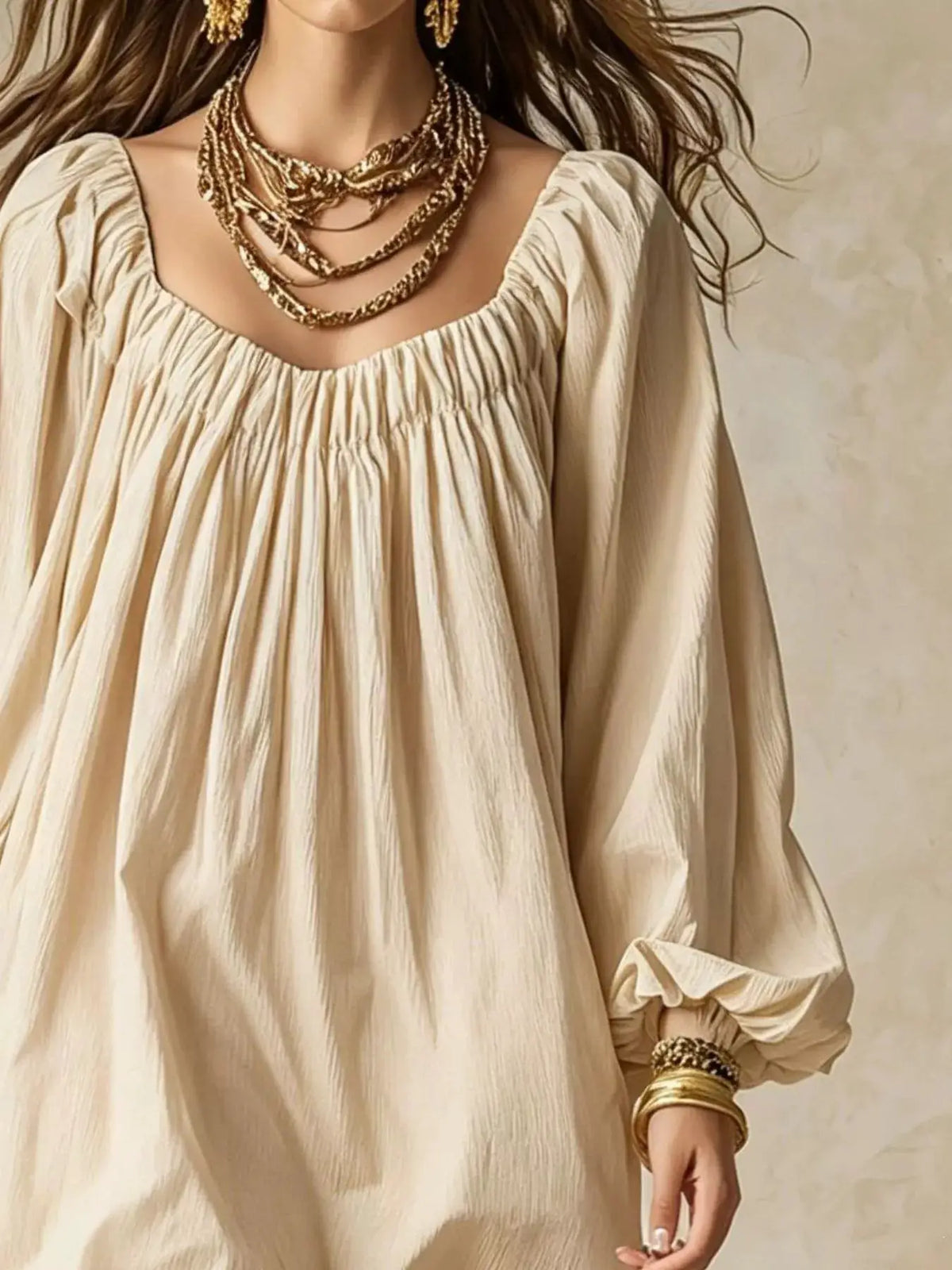 Flowy Balloon Sleeve Mini Dress in beige with gathered neckline and long sleeves