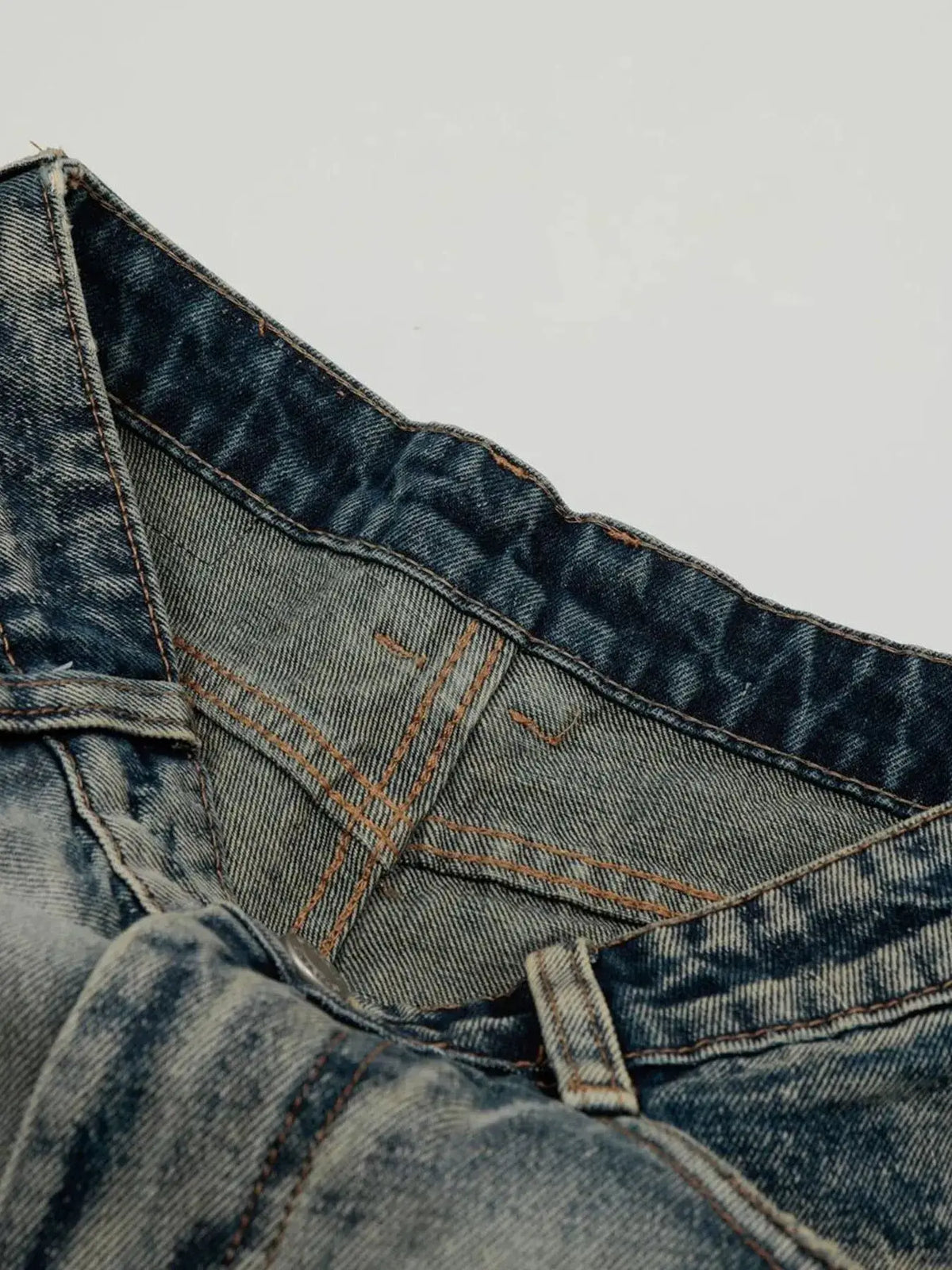 Men's acid-wash denim shorts, blue denim with orange stitching and a stretch cotton blend.