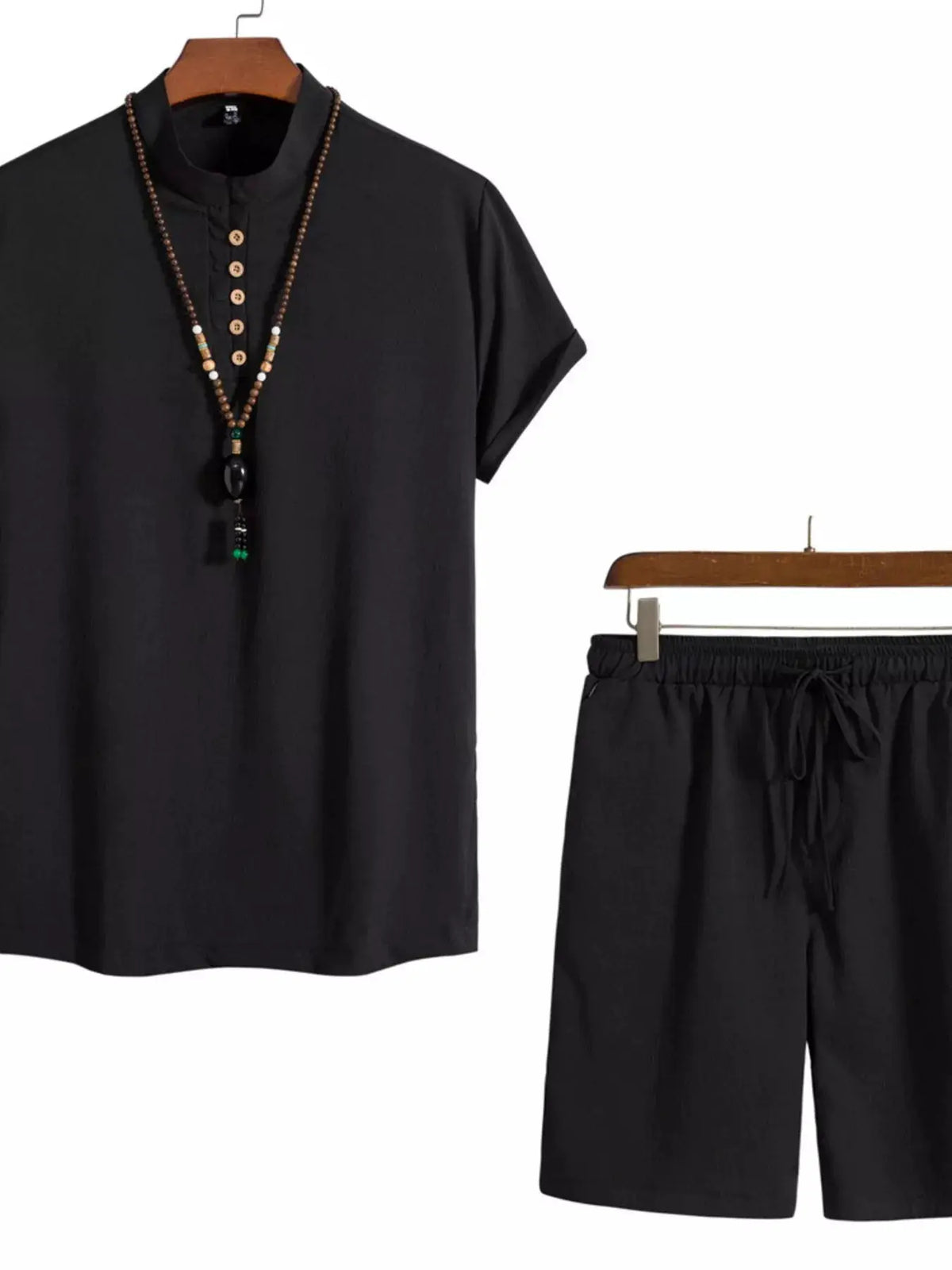 Men's plus-size mandarin-collar short-sleeve shirt and shorts set by Trendsi, black 2-piece ensemble