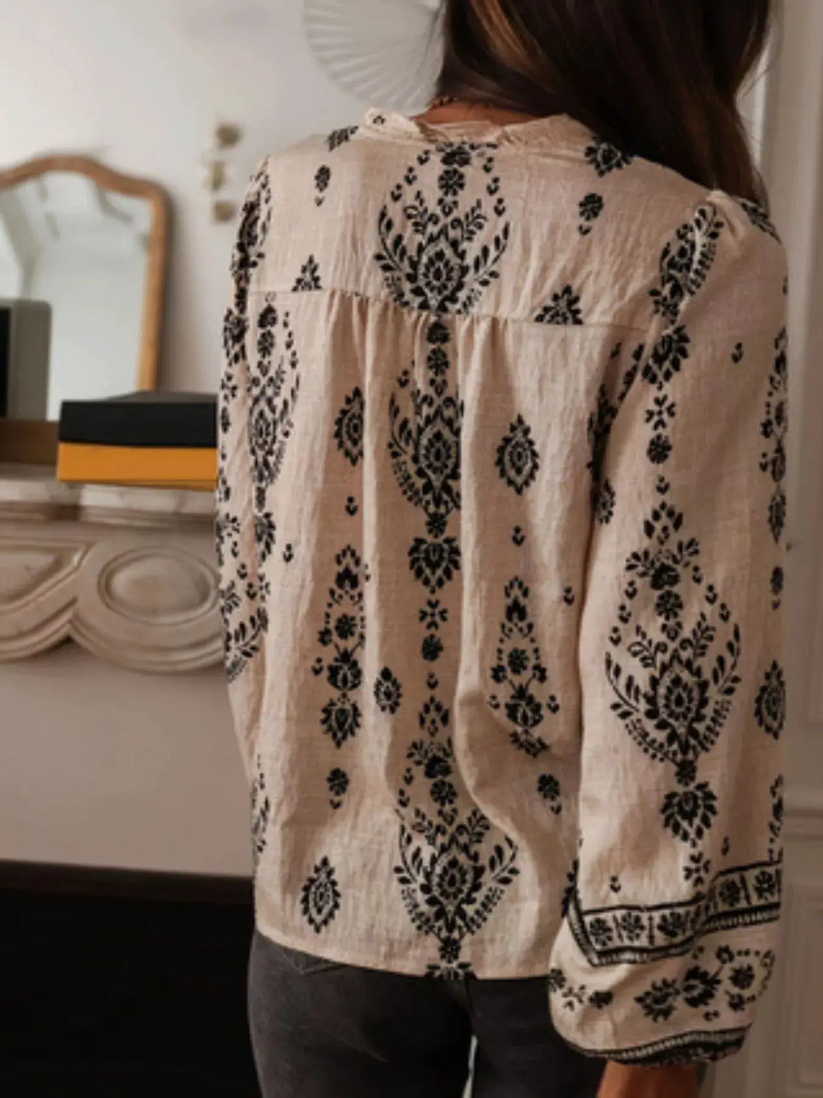 Vintage Print Long Sleeve Shirt in beige with a black ornate pattern
