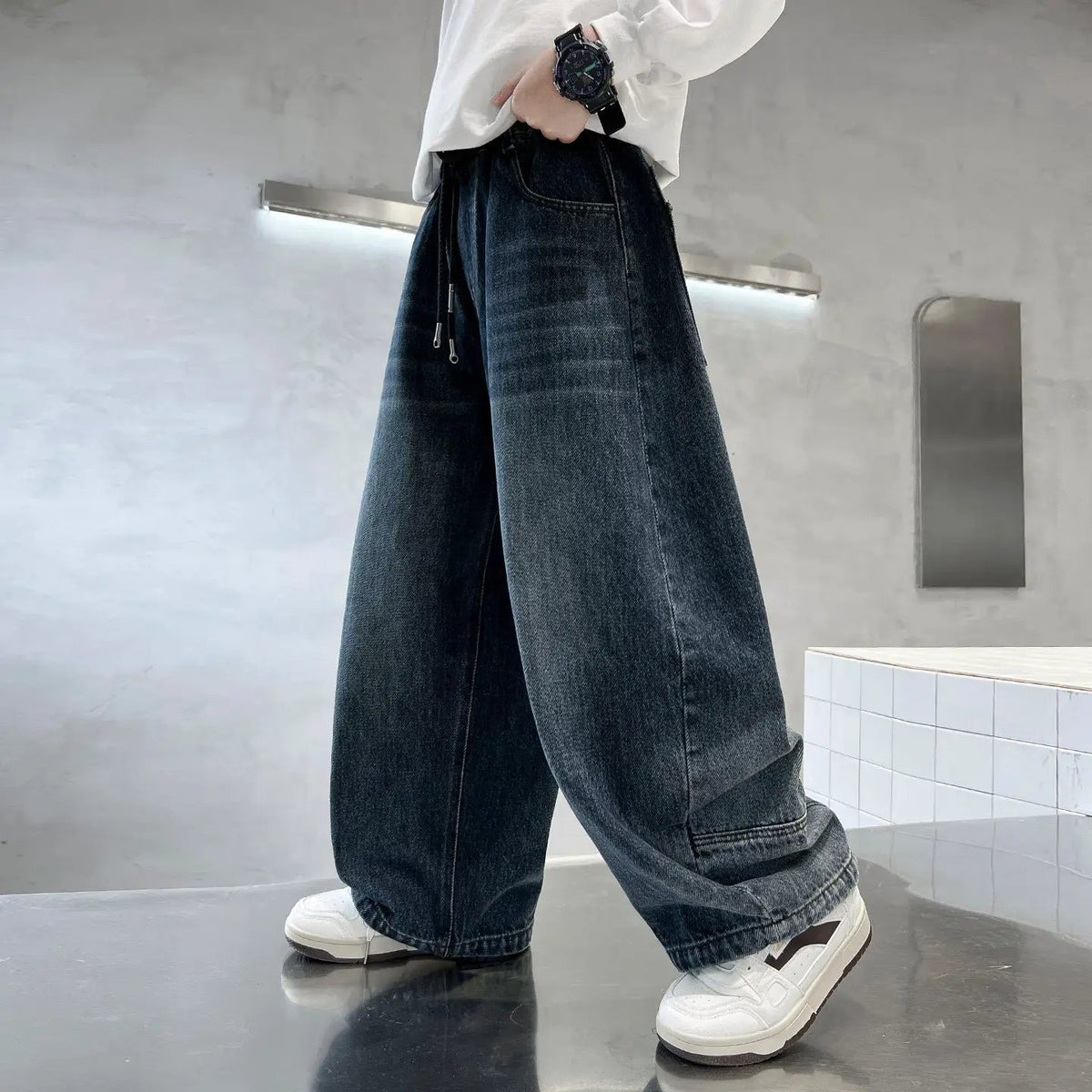 eprolo Trendy Boys Straight Wide-Leg Denim Jeans in dark wash for daily wear