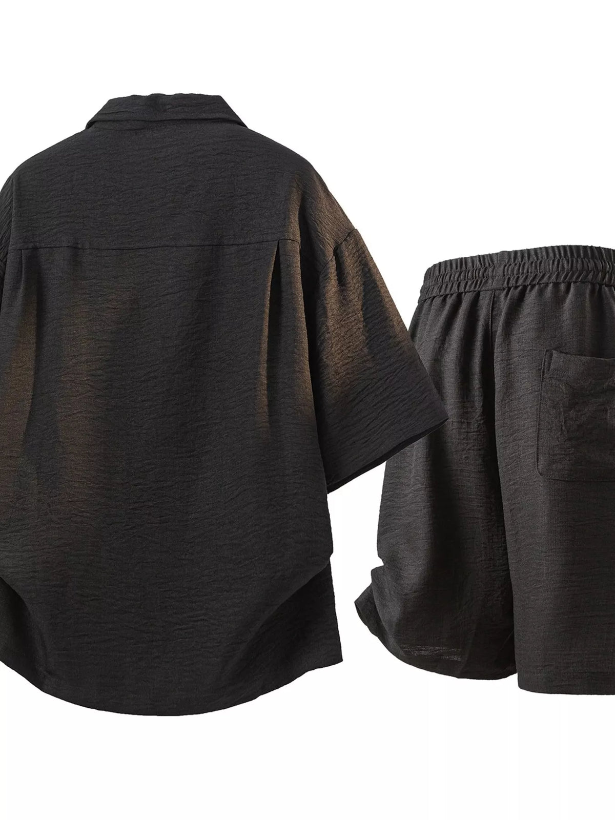 2-piece men's black button-up short-sleeve shirt and drawstring shorts set, Trendsi Plus Size