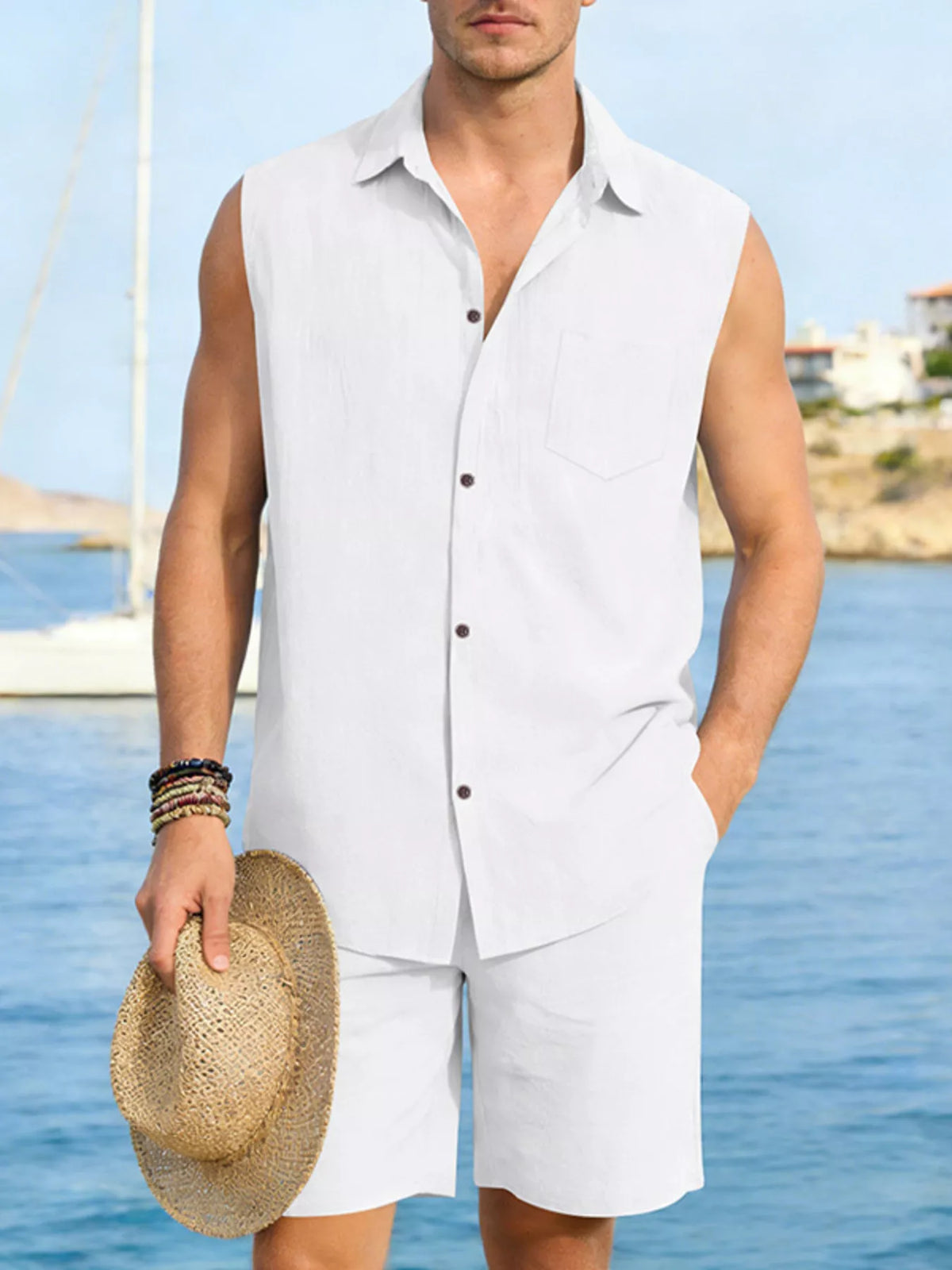 Men's two-piece sleeveless button-up top and shorts set in white by Trendsi