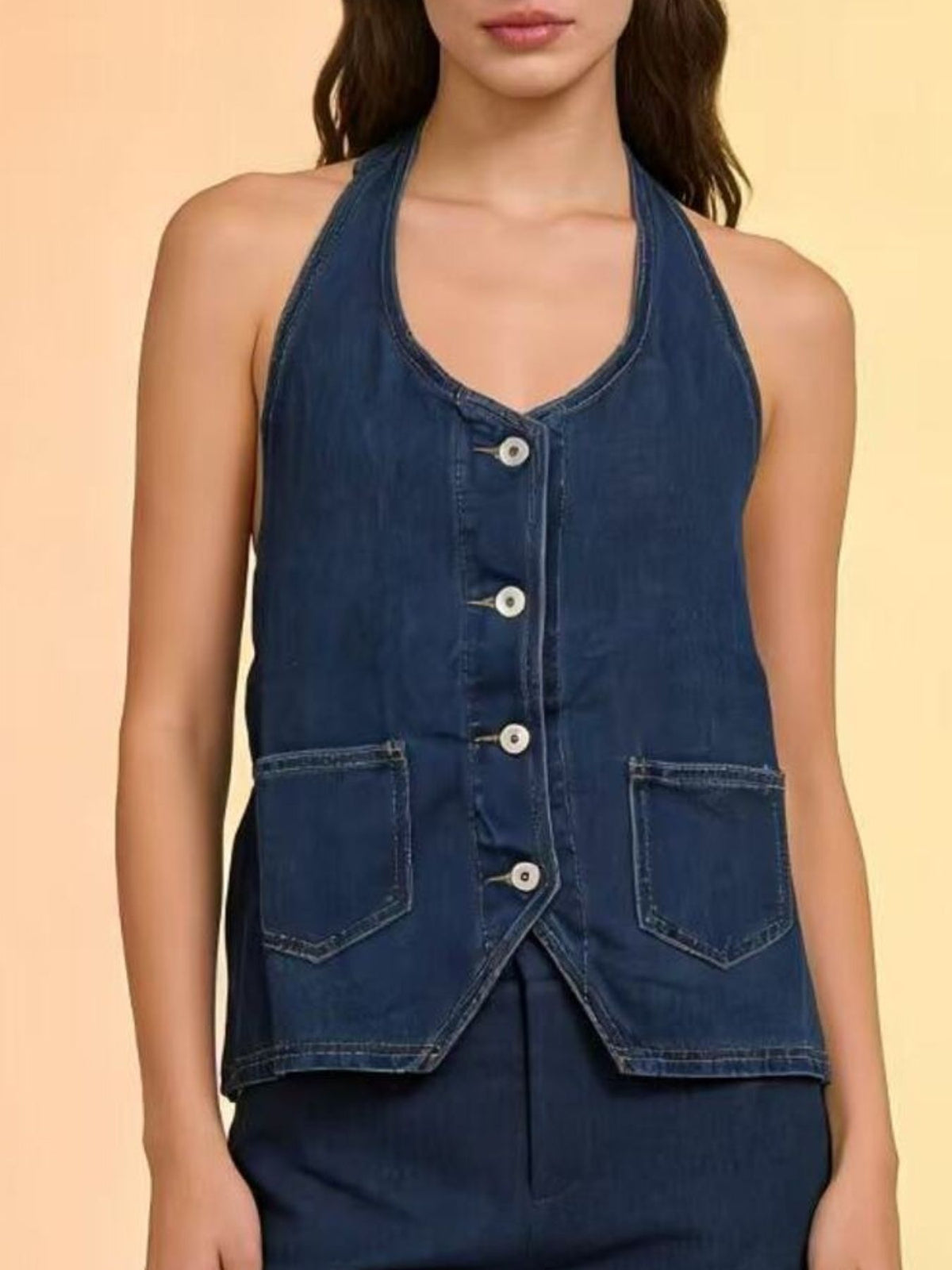 Denim halter-neck vest by Trendsi with button-front closure and front pockets