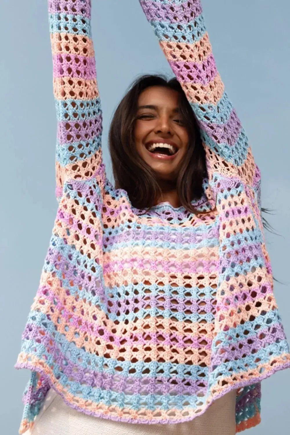 Striped openwork crochet cover-up with side slits, pastel rainbow colors, round neck, stretchy