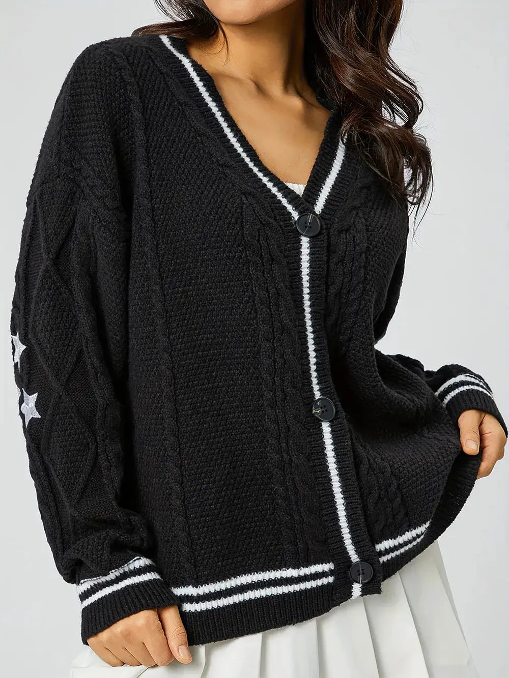 Womens Star Embroidered V-Neck Knit Cardigan by Trendsi; black knit with white striped trim, button-front