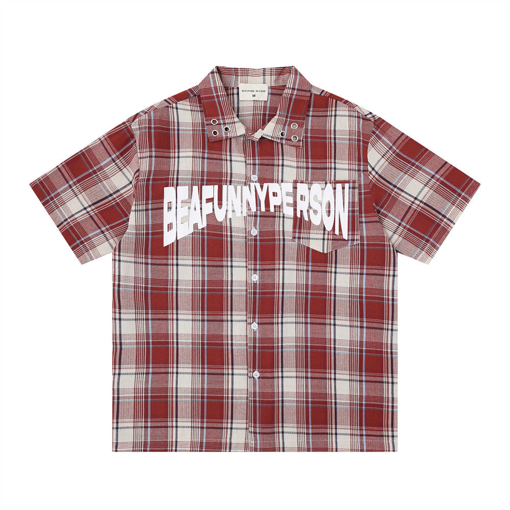 Plaid short-sleeve shirt in red and white with bold white chest graphic text