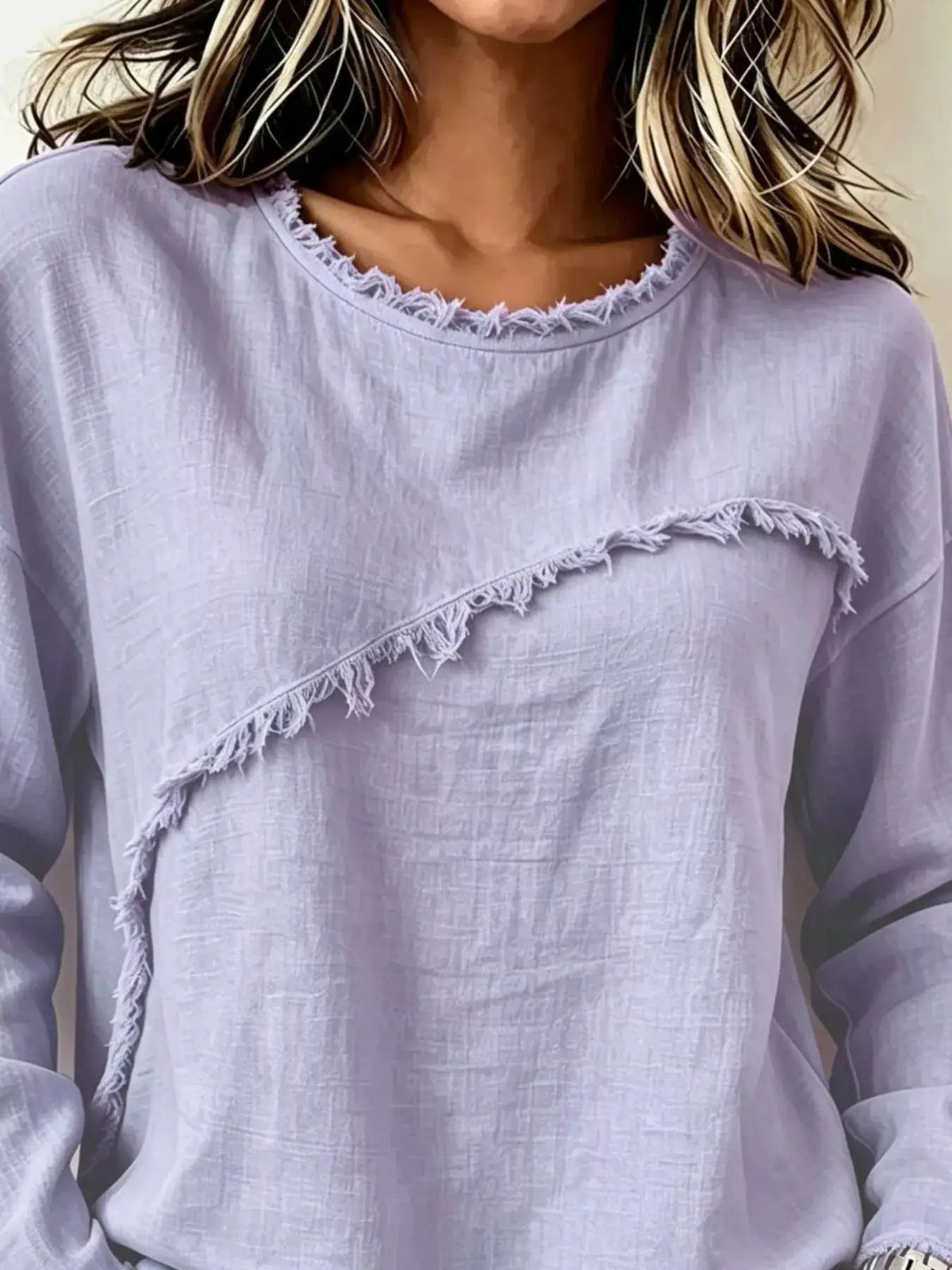 Frayed Hem Dropped Shoulder Blouse in lavender linen-like fabric
