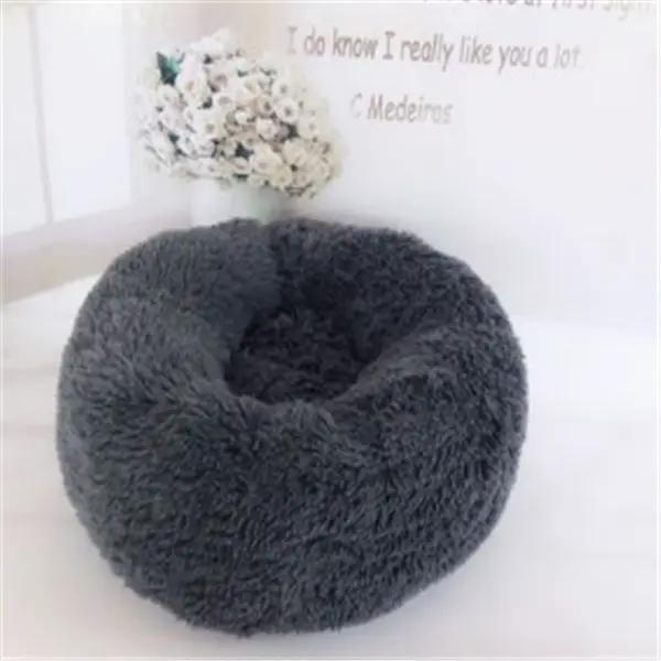 AdTec round plush cat bed nest, gray fluffy fur, cozy winter mattress