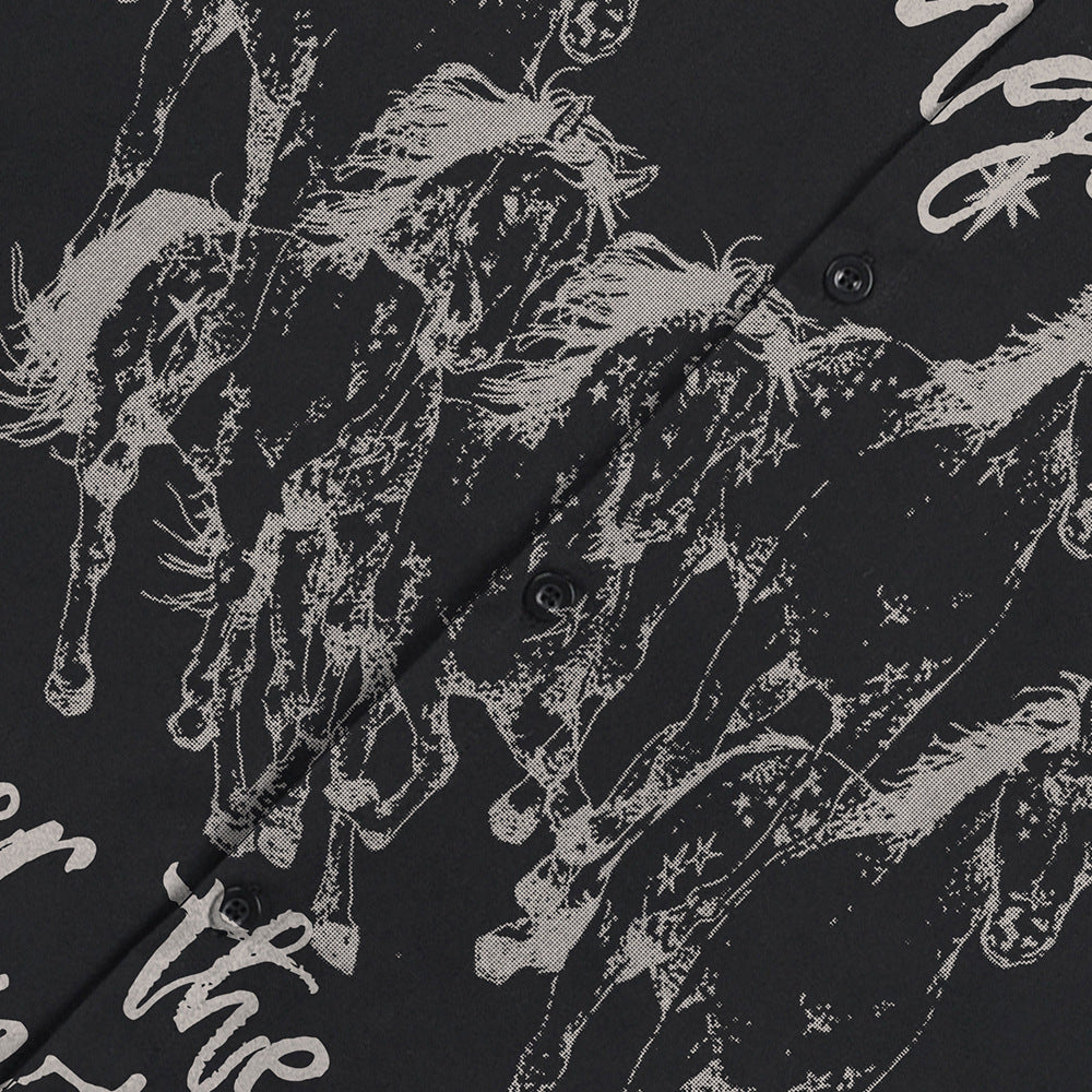 Horse group sketch printed short sleeved shirt, black with gray horse motifs by eprolo
