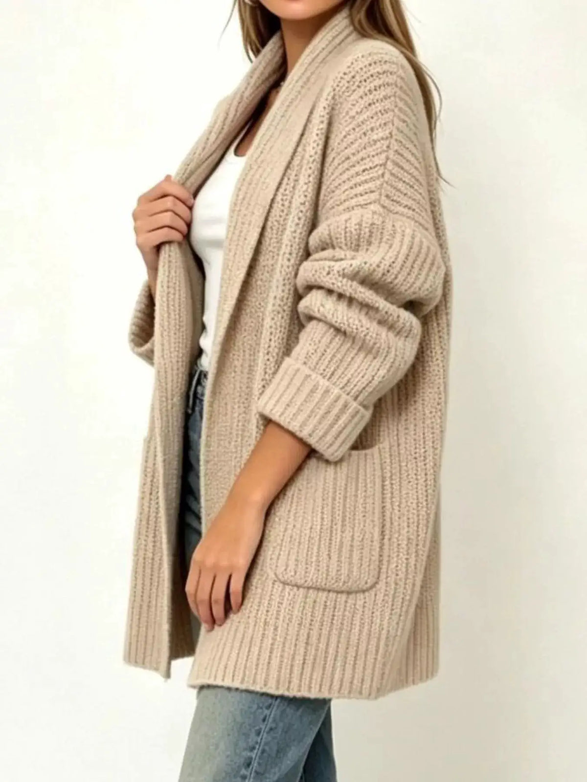 Plus-size ribbed open-front cardigan with side pockets in beige by Trendsi