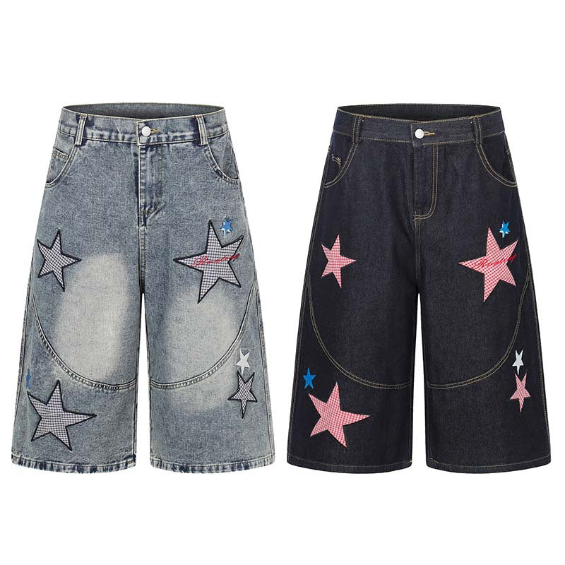 Denim shorts with five-point star embroidery patches; light-wash and dark-wash, two shorts