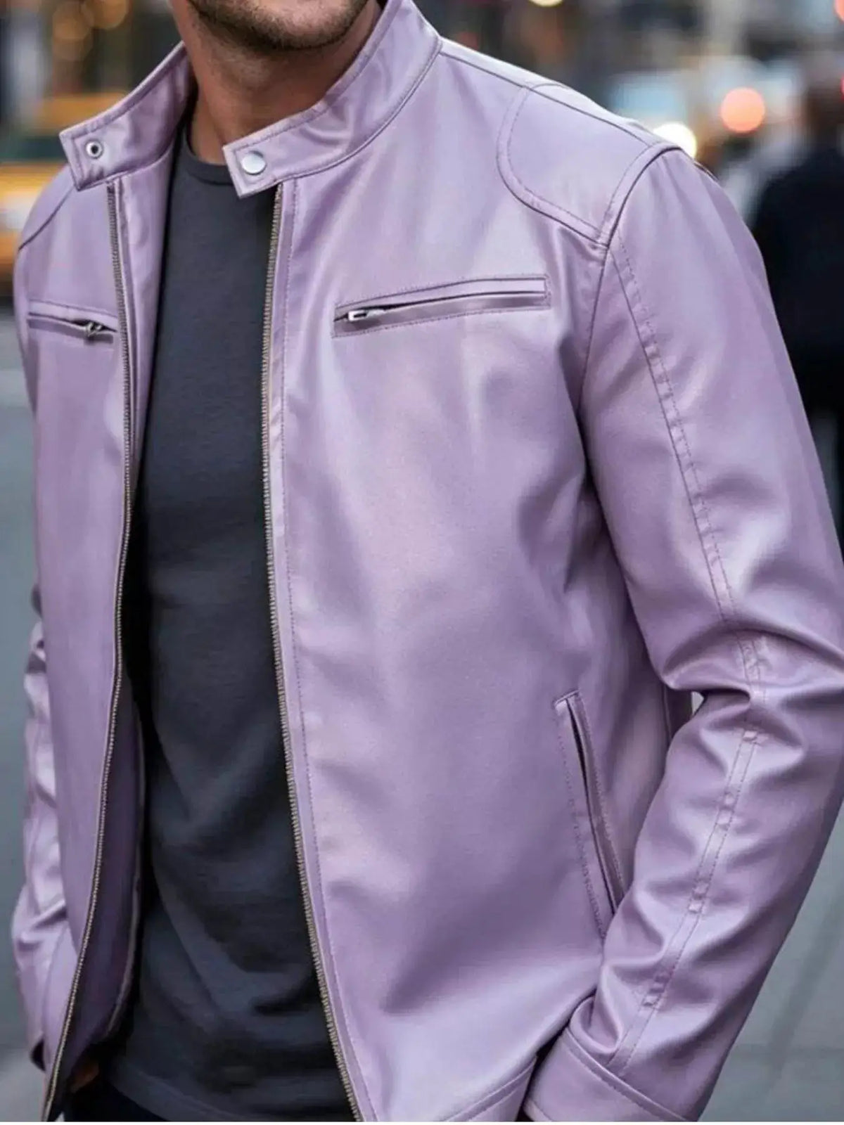 Men's lavender faux leather bomber jacket with zip pockets, plus size, Trendsi