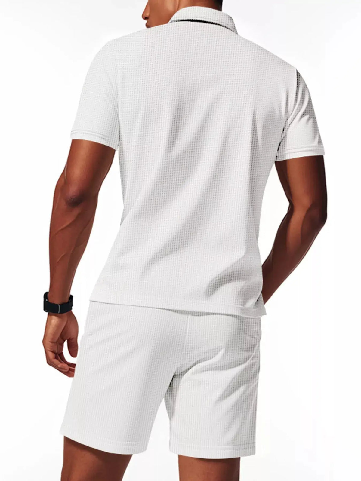 Men's casual short sleeve polo and shorts set, white textured fabric, two-piece plus size with pockets.