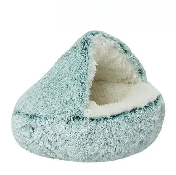 Deep Sleep Half-pack Semi-enclosed Plush Round Pet Bed by AdTec, mint seafoam exterior with cream interior