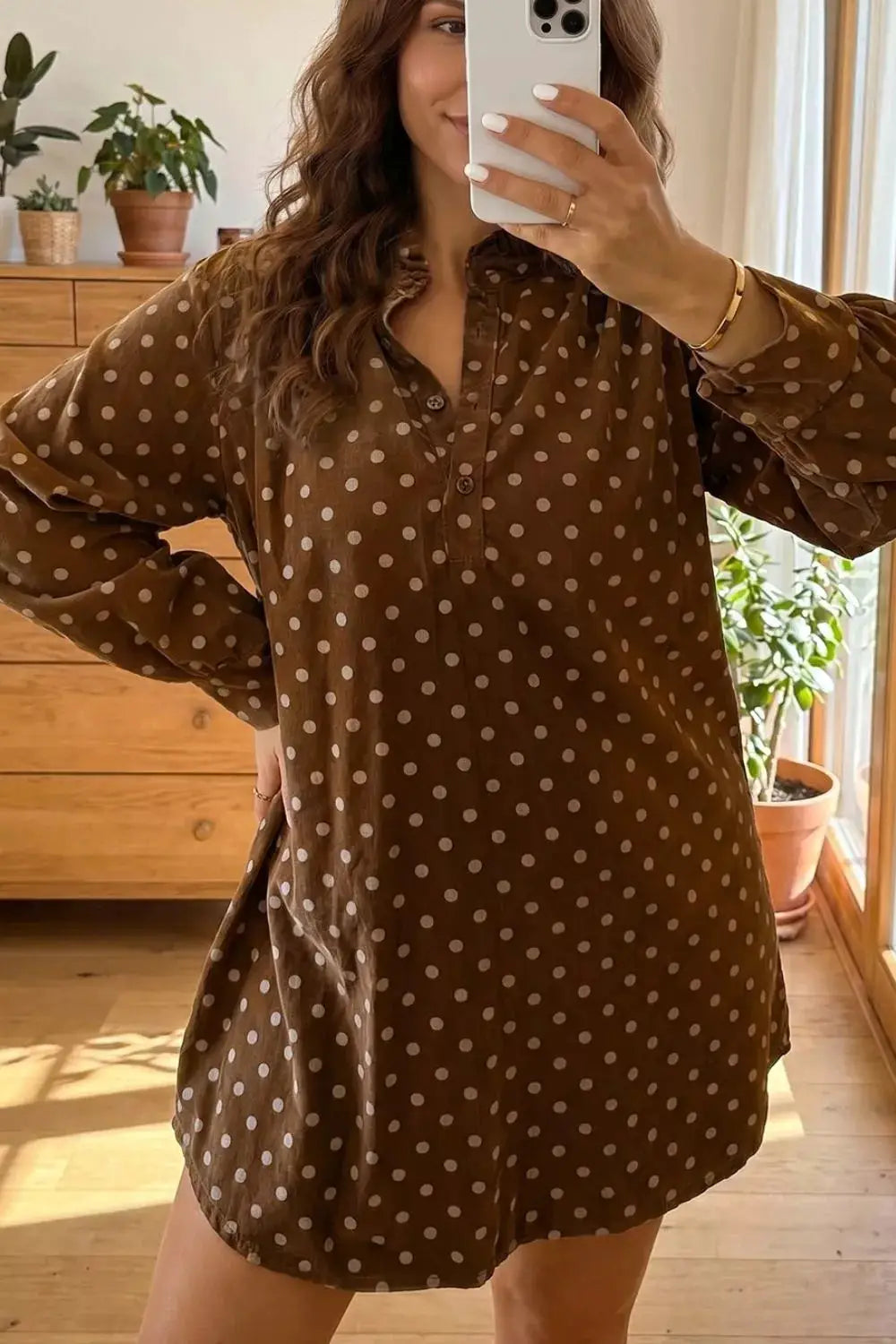 Polka dot V-neck long-sleeve button-front shift dress in brown with white dots