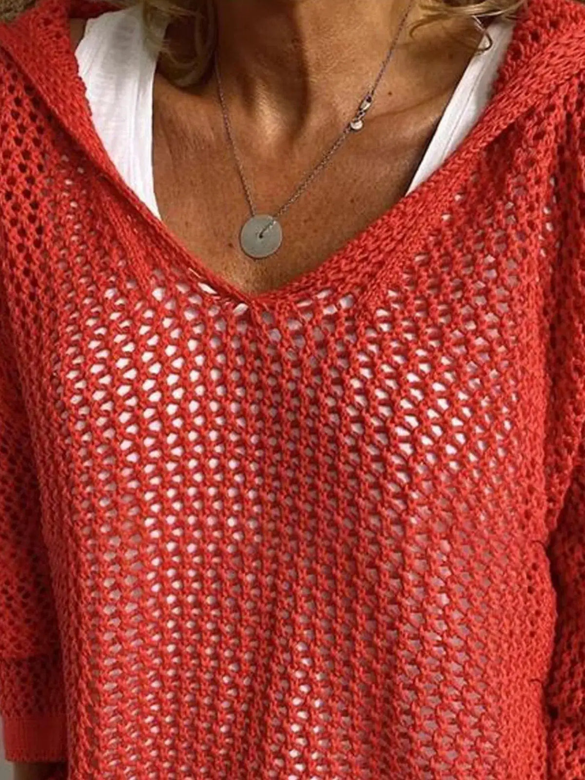 Openwork long-sleeve hooded knit beach cover-up in bright red by Trendsi