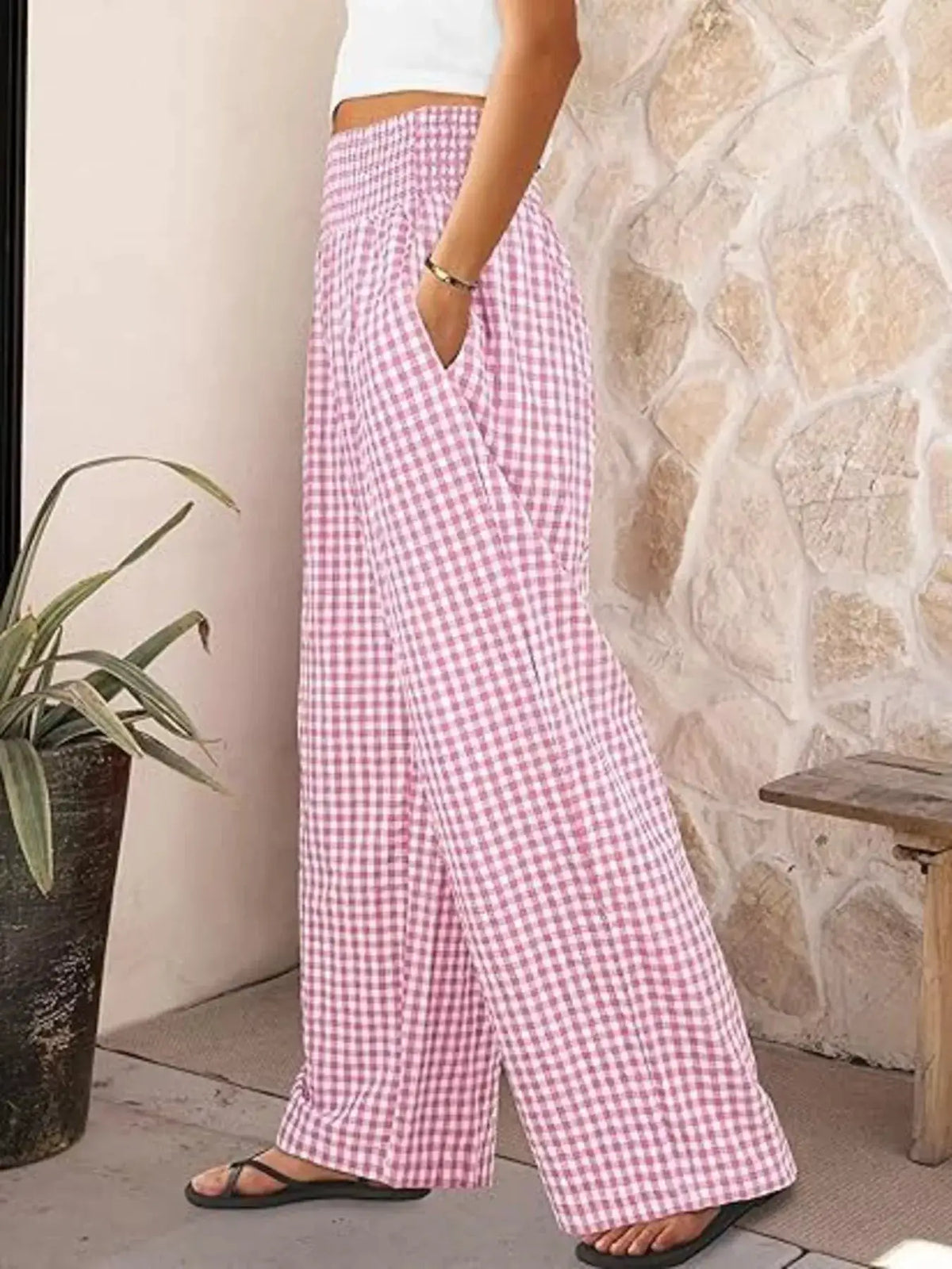 Gingham Wide-Leg Pants in pink and white gingham by Trendsi