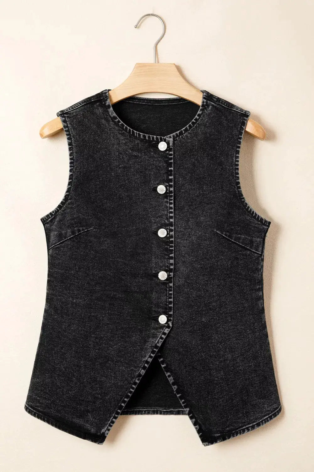 Vintage wash black cotton denim vest with button-front, sleeveless, Trendsi