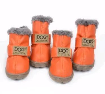Dog thick snow boots by AdTec, orange with gray faux fur trim, set of 4