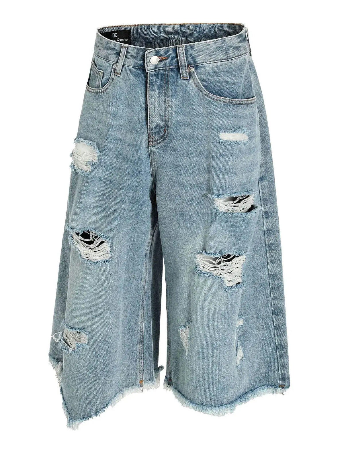 Mens oversized distressed denim shorts in light wash blue cotton blend with frayed hems and multiple rips.