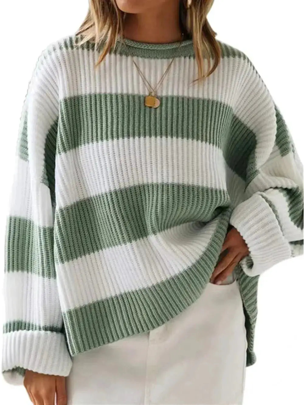 Essential round neck long sleeve soft stretch sweater, green and white striped knit, oversized fit.