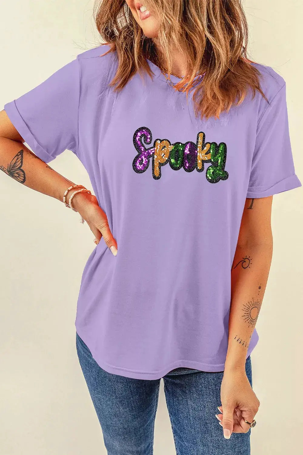 Plus-size lavender cotton-blend T-shirt with multicolor sequined Spooky lettering