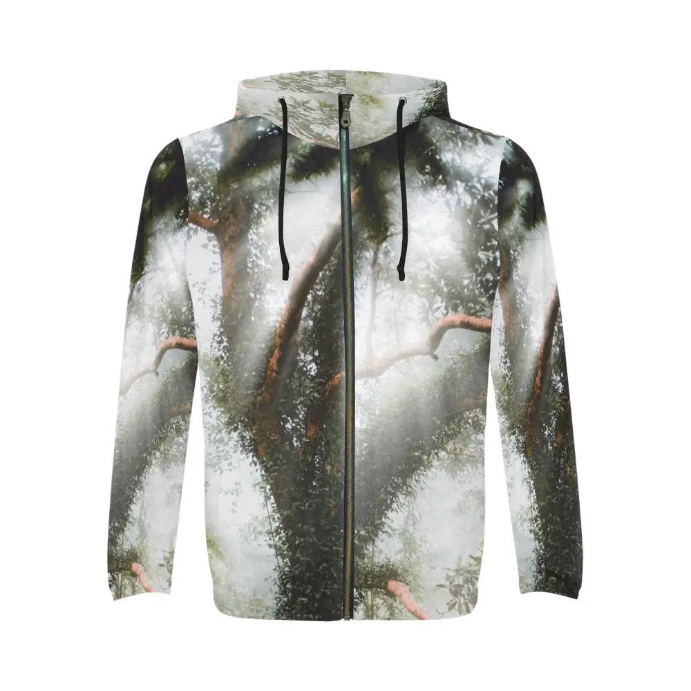 Men's all-over print full-zip hoodie with forest canopy pattern