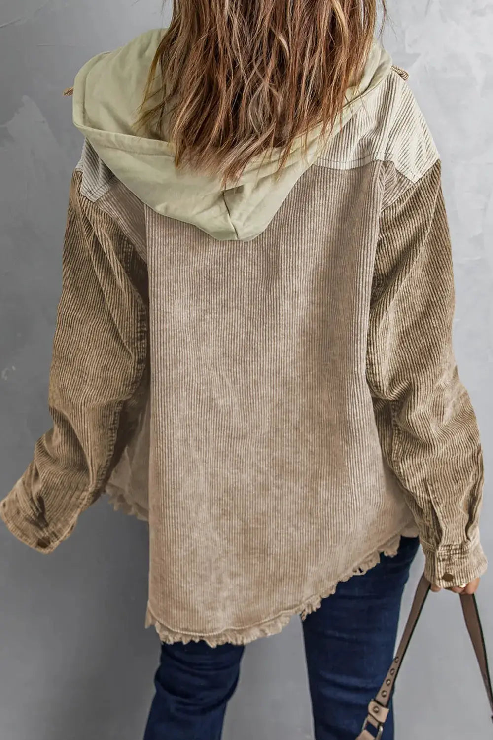 Trendsi Snap Front Hooded Corduroy Shacket in beige with cream hood, back view