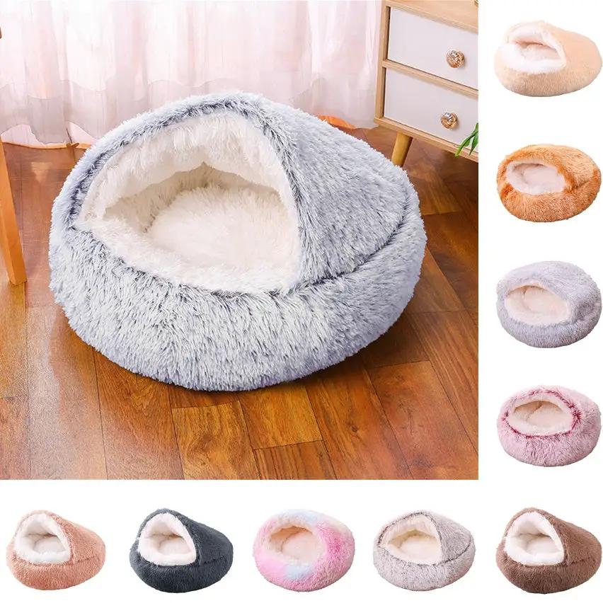 Deep Sleep half-pack semi-enclosed plush round pet bed in blue-gray; donut-style with fluffy interior.