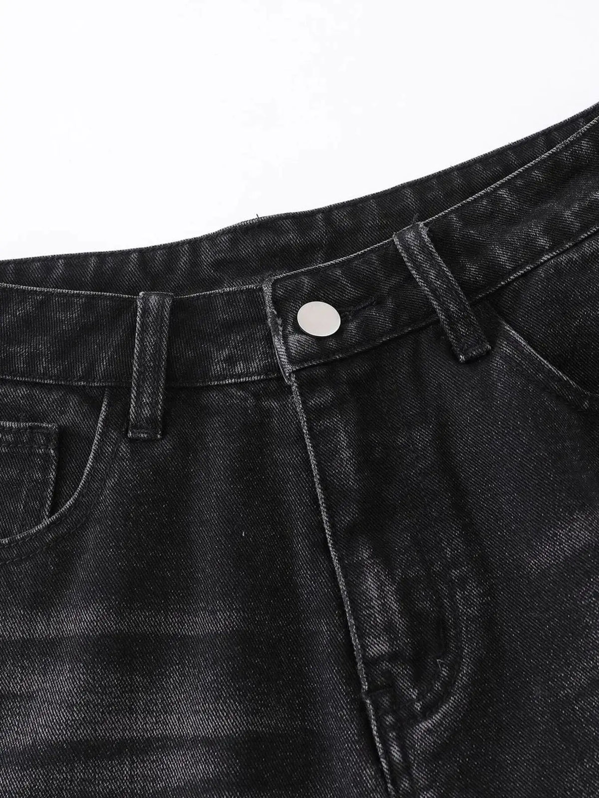 Mens distressed black denim shorts waistband with belt loop, metal button and front pocket detail
