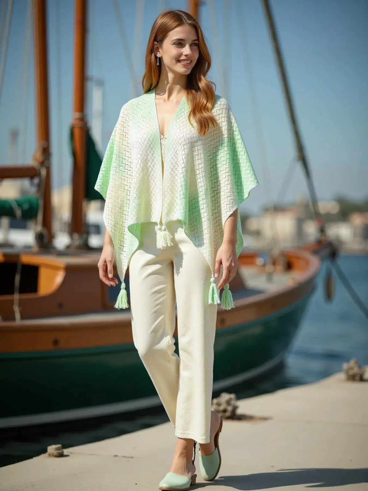 Lightweight gradient openwork knit tassel beach cover up in cream to mint
