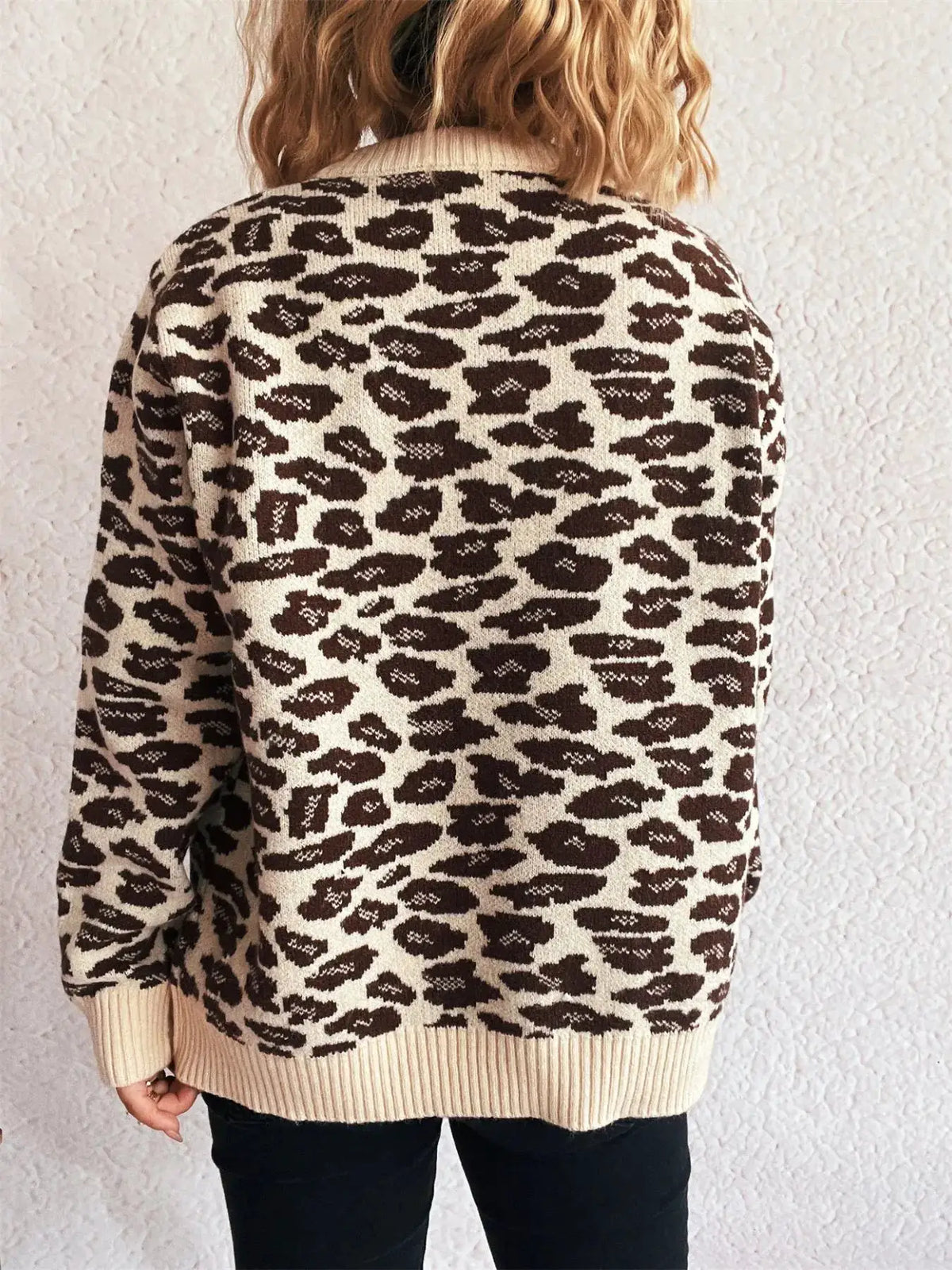 Zip Up Long Sleeve Cardigan leopard print knit in beige and brown